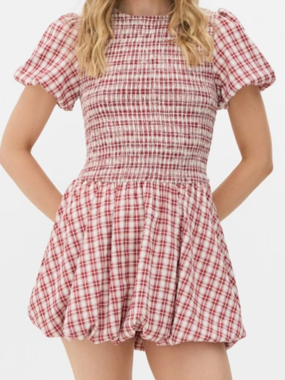 Rita Ora Red White Plaid Smocked Dress - Classic Puff Sleeve Size 4